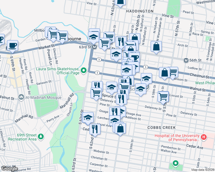 map of restaurants, bars, coffee shops, grocery stores, and more near 6132 Chancellor Street in Philadelphia