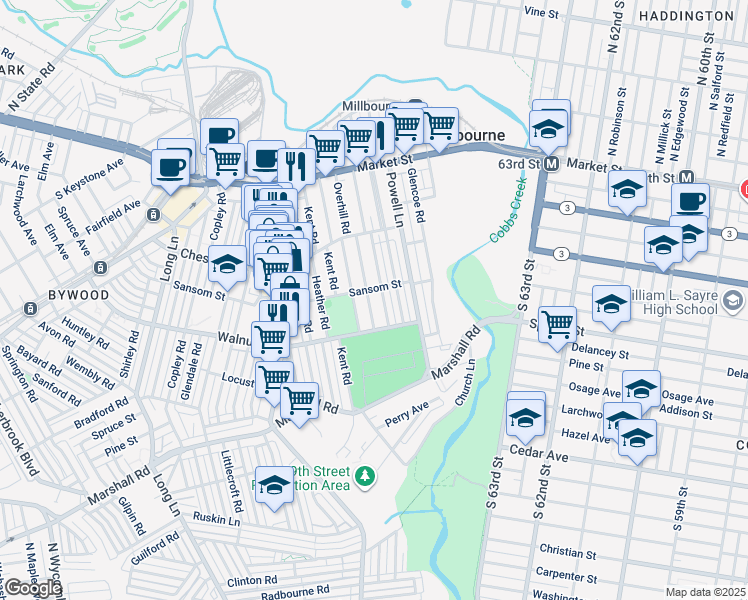 map of restaurants, bars, coffee shops, grocery stores, and more near 149 Overhill Road in Upper Darby