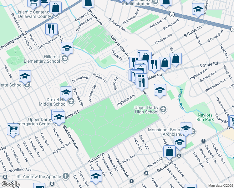 map of restaurants, bars, coffee shops, grocery stores, and more near 807 Eaton Road in Drexel Hill