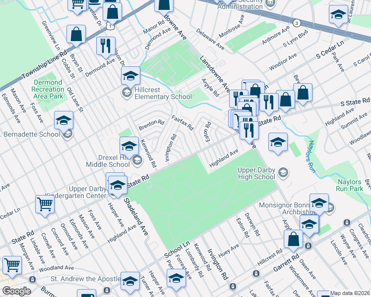 map of restaurants, bars, coffee shops, grocery stores, and more near 826 Fairfax Road in Drexel Hill