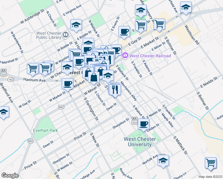 map of restaurants, bars, coffee shops, grocery stores, and more near 206 South Walnut Street in West Chester