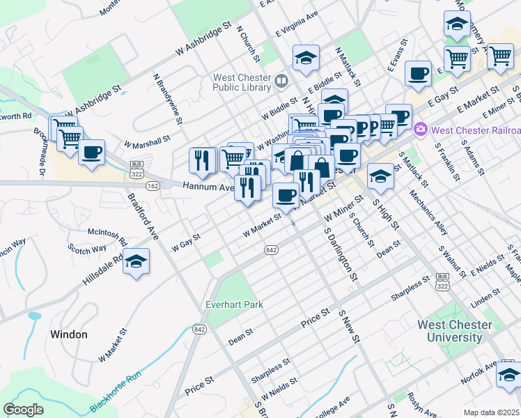 map of restaurants, bars, coffee shops, grocery stores, and more near 329 Granite Alley in West Chester