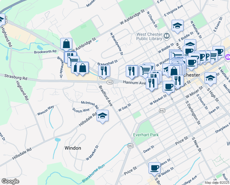 map of restaurants, bars, coffee shops, grocery stores, and more near 228 North Everhart Avenue in West Chester