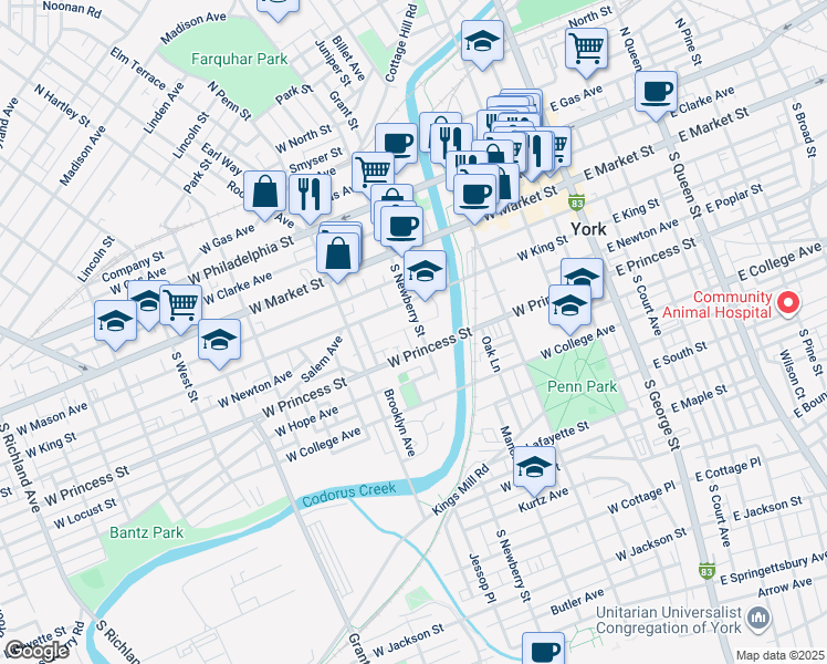 map of restaurants, bars, coffee shops, grocery stores, and more near 134 South Newberry Street in York