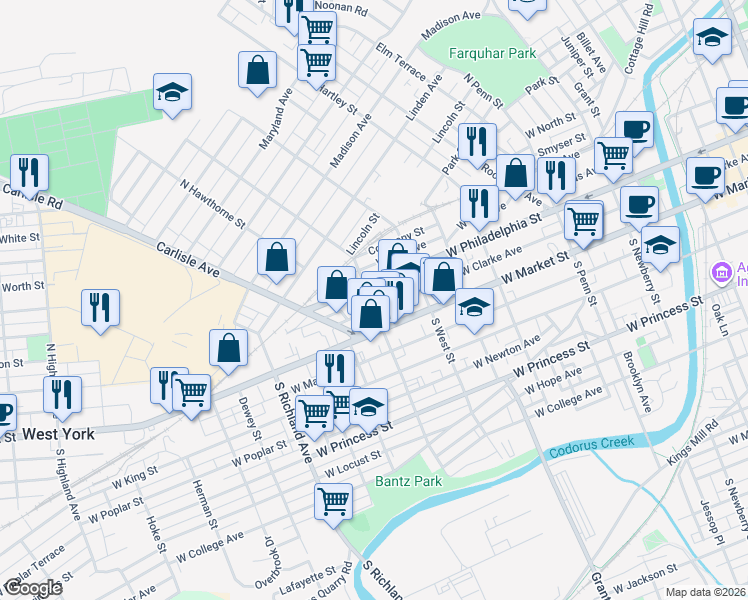 map of restaurants, bars, coffee shops, grocery stores, and more near 665 West Philadelphia Street in York