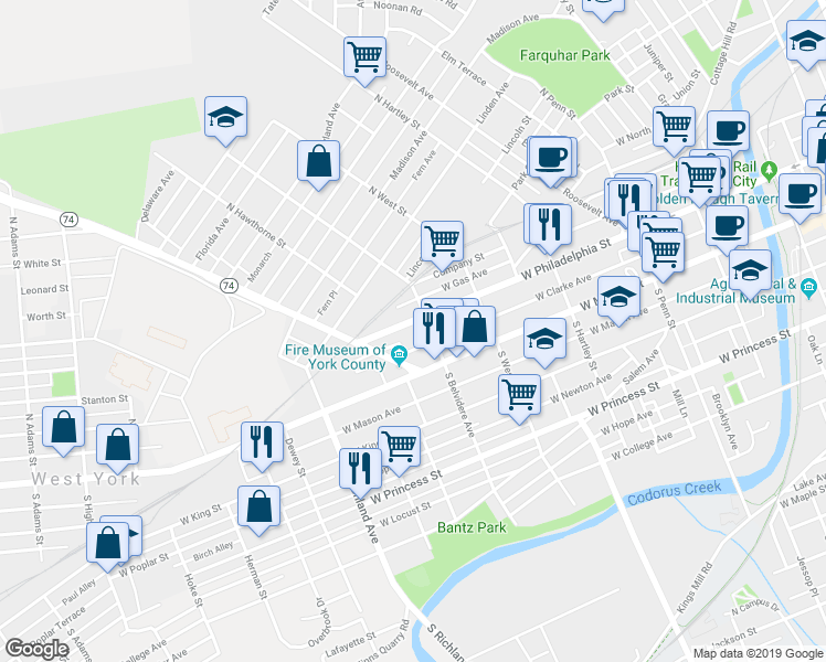 map of restaurants, bars, coffee shops, grocery stores, and more near 665 West Philadelphia Street in York
