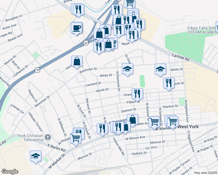 map of restaurants, bars, coffee shops, grocery stores, and more near 1940 Leonard Street in York