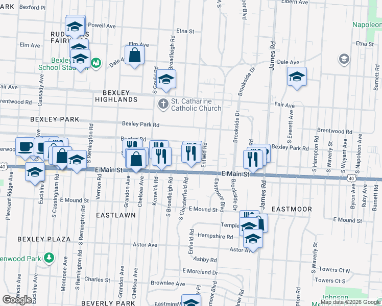 map of restaurants, bars, coffee shops, grocery stores, and more near 2893 Bryden Road in Columbus