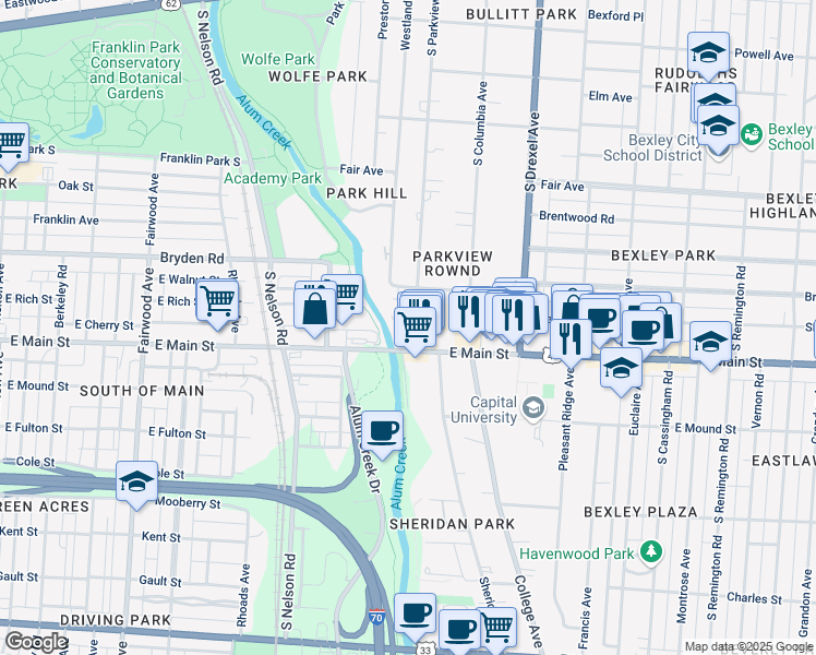 map of restaurants, bars, coffee shops, grocery stores, and more near 485 South Parkview Avenue in Columbus