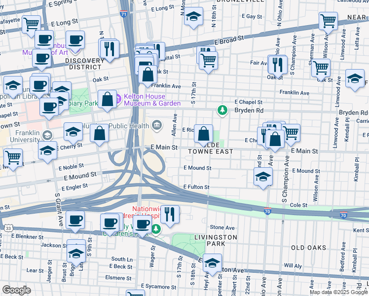 map of restaurants, bars, coffee shops, grocery stores, and more near 292 South Monroe Avenue in Columbus