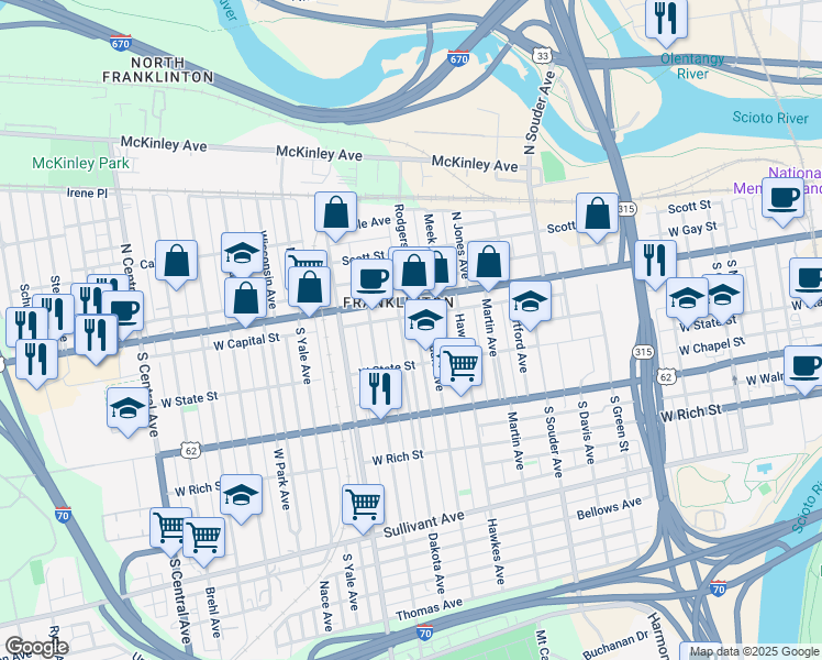 map of restaurants, bars, coffee shops, grocery stores, and more near in Columbus