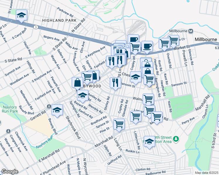 map of restaurants, bars, coffee shops, grocery stores, and more near 7221 Calvin Road in Delaware County