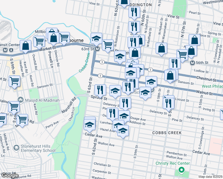 map of restaurants, bars, coffee shops, grocery stores, and more near 6124 Locust Street in Philadelphia