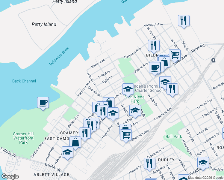 map of restaurants, bars, coffee shops, grocery stores, and more near 2823 Wayne Avenue in Camden