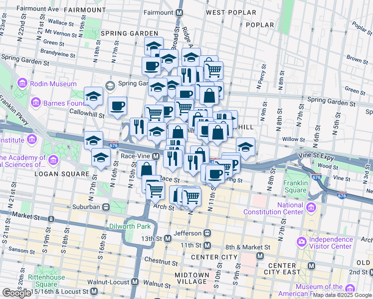 map of restaurants, bars, coffee shops, grocery stores, and more near 1241 Vine Street in Philadelphia