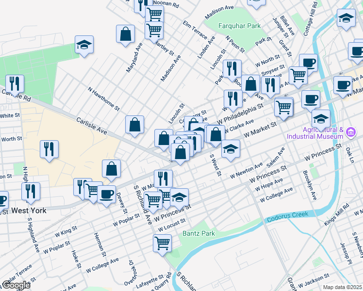 map of restaurants, bars, coffee shops, grocery stores, and more near 39 North Belvidere Avenue in York