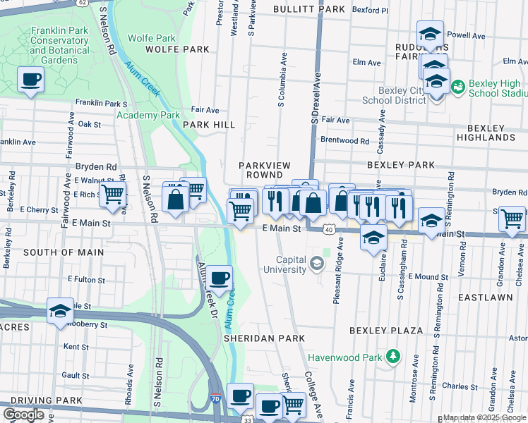 map of restaurants, bars, coffee shops, grocery stores, and more near 2160-2184 East Main Street in Bexley