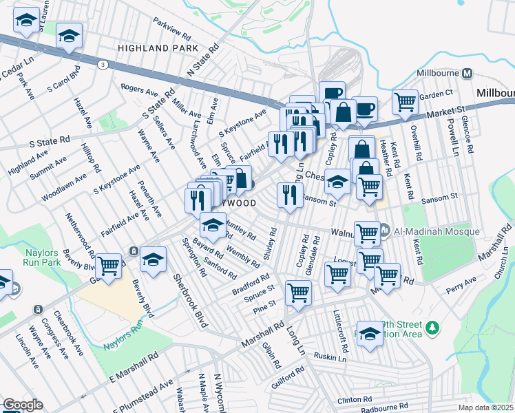 map of restaurants, bars, coffee shops, grocery stores, and more near 7261 Walnut Street in Upper Darby