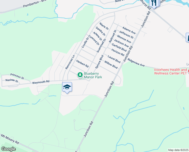 map of restaurants, bars, coffee shops, grocery stores, and more near 105 Spruce Boulevard in Browns Mills
