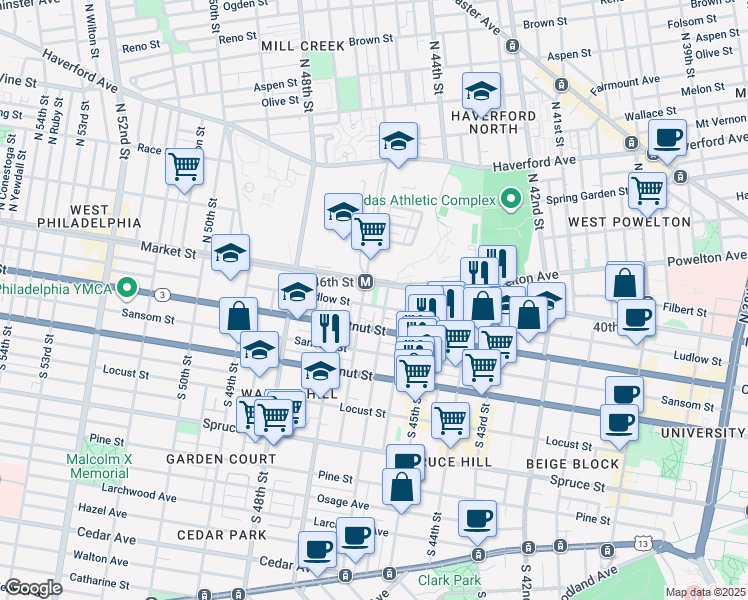 map of restaurants, bars, coffee shops, grocery stores, and more near 4615 Ludlow Street in Philadelphia
