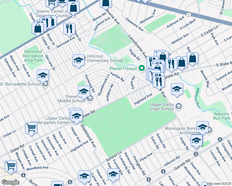 map of restaurants, bars, coffee shops, grocery stores, and more near 815 Hampshire Road in Drexel Hill