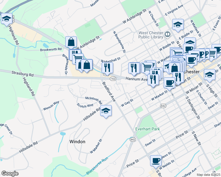 map of restaurants, bars, coffee shops, grocery stores, and more near 207 Debaptiste Lane in West Chester