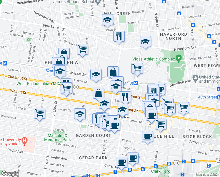 map of restaurants, bars, coffee shops, grocery stores, and more near 37 South Fallon Street in Philadelphia