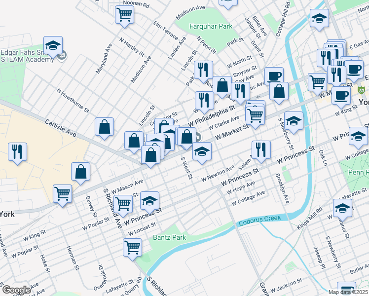 map of restaurants, bars, coffee shops, grocery stores, and more near 583 West Market Street in York