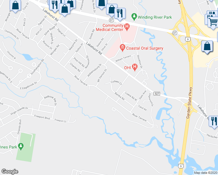 map of restaurants, bars, coffee shops, grocery stores, and more near 419 Bertha Road in Toms River