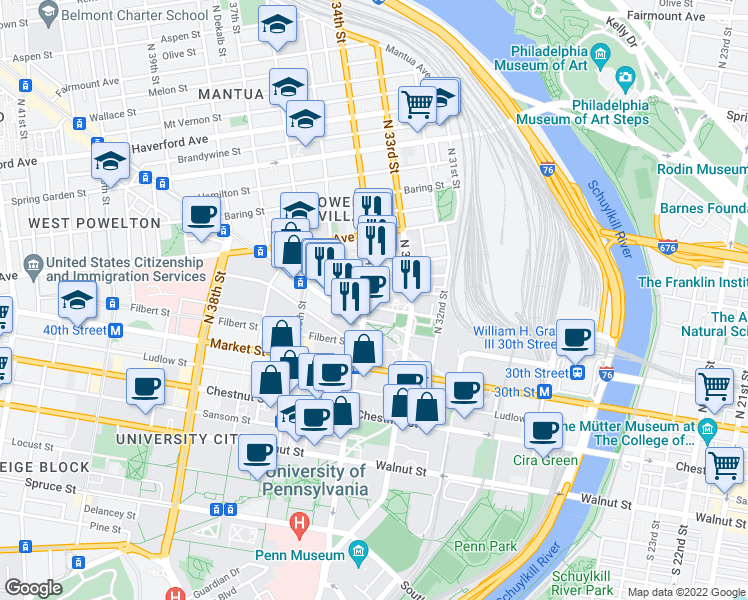 map of restaurants, bars, coffee shops, grocery stores, and more near 101 North 34th Street in Philadelphia