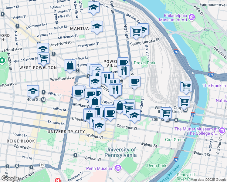 map of restaurants, bars, coffee shops, grocery stores, and more near 3439 Lancaster Avenue in Philadelphia