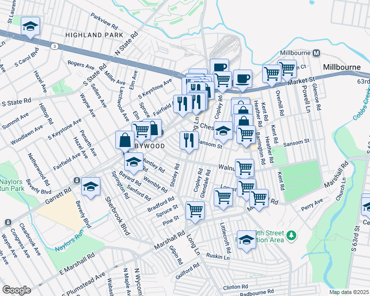 map of restaurants, bars, coffee shops, grocery stores, and more near 116 Ashton Road in Upper Darby