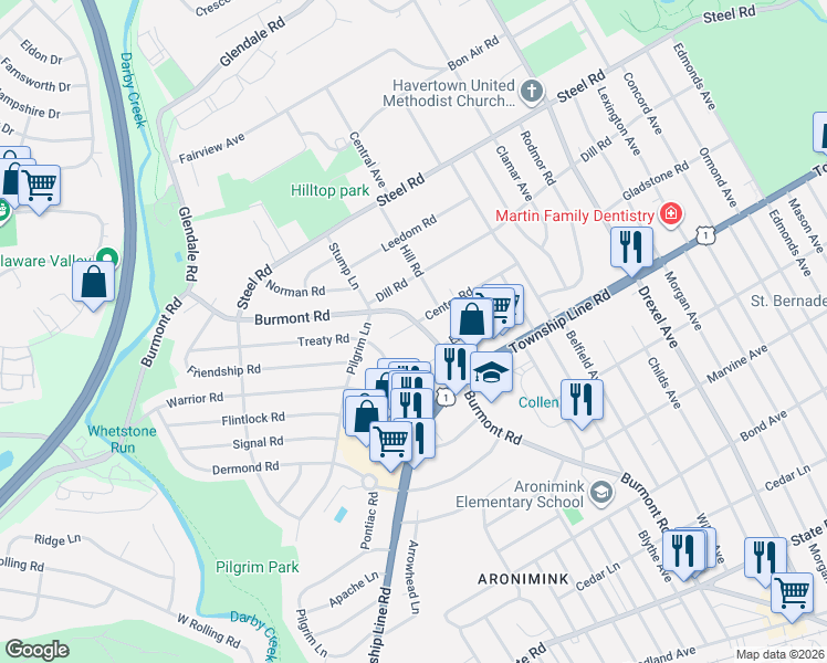 map of restaurants, bars, coffee shops, grocery stores, and more near 1368 Burmont Road in Havertown