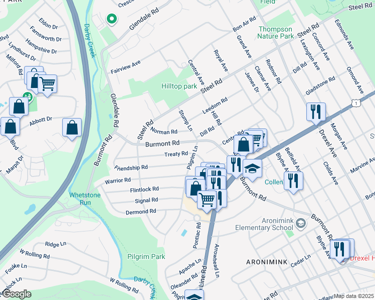 map of restaurants, bars, coffee shops, grocery stores, and more near 109 Treaty Road in Drexel Hill