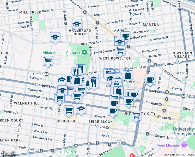 map of restaurants, bars, coffee shops, grocery stores, and more near in Philadelphia