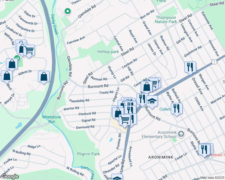 map of restaurants, bars, coffee shops, grocery stores, and more near 109 Treaty Road in Drexel Hill
