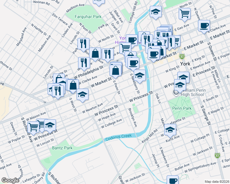 map of restaurants, bars, coffee shops, grocery stores, and more near in York