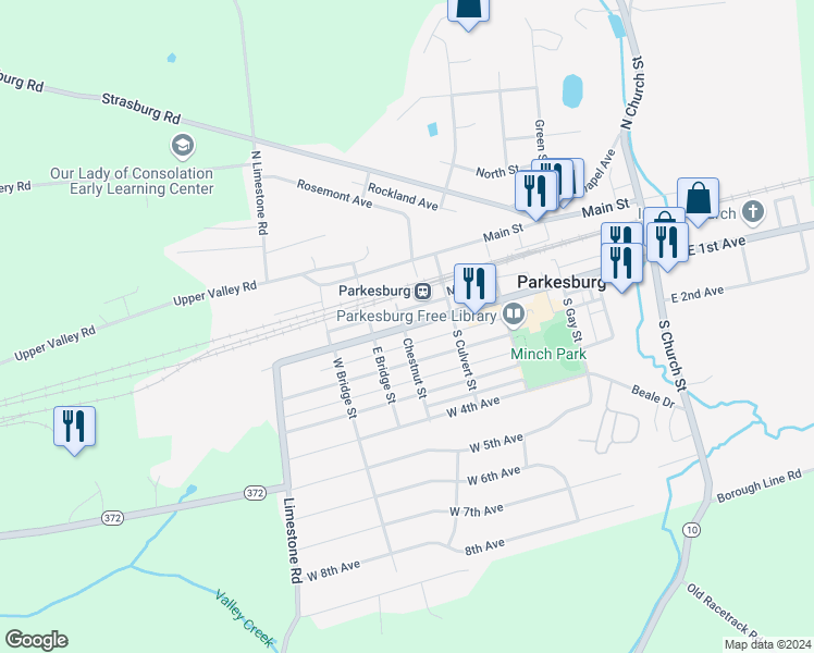 map of restaurants, bars, coffee shops, grocery stores, and more near 539 West 1st Avenue in Parkesburg