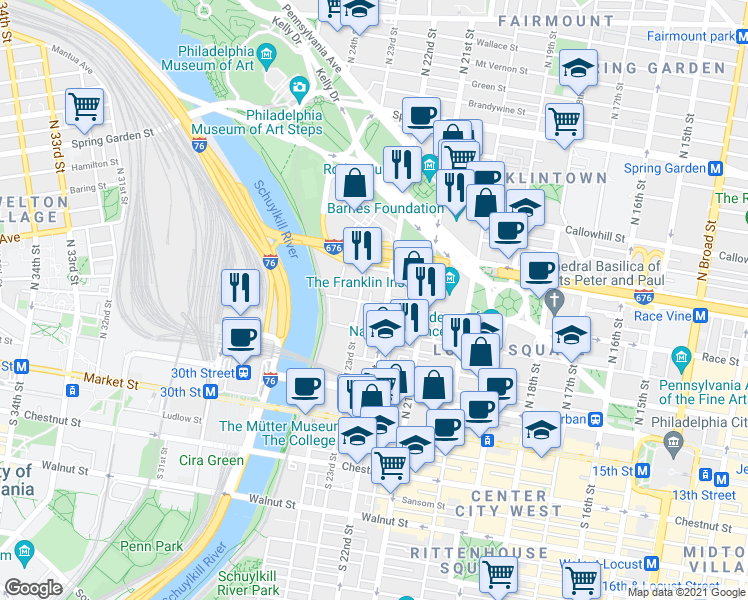 map of restaurants, bars, coffee shops, grocery stores, and more near 2211 Race Street in Philadelphia