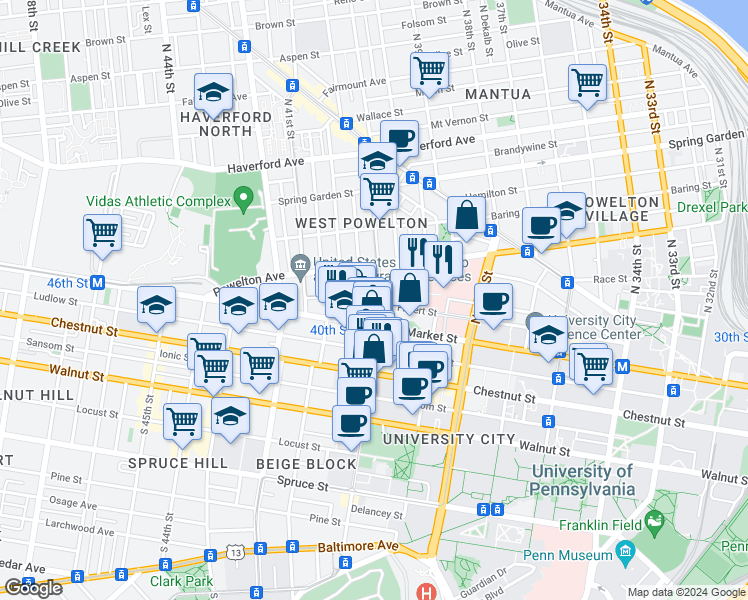 map of restaurants, bars, coffee shops, grocery stores, and more near 20 North 40th Street in Philadelphia