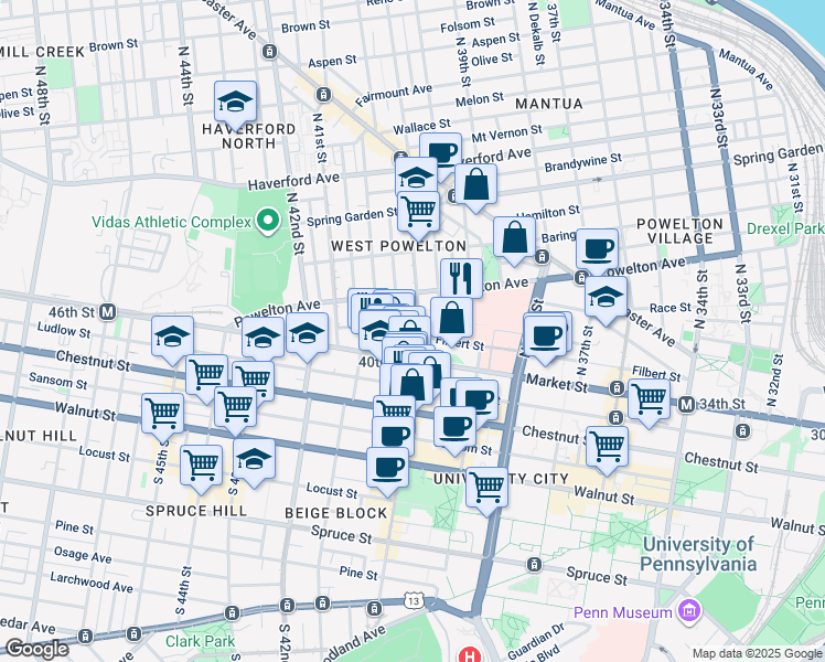 map of restaurants, bars, coffee shops, grocery stores, and more near 20 North 40th Street in Philadelphia