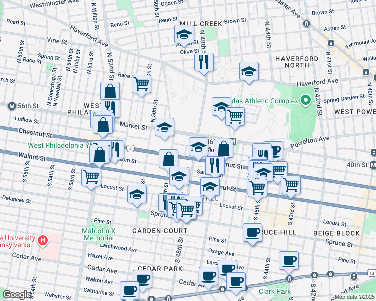 map of restaurants, bars, coffee shops, grocery stores, and more near 37 South Fallon Street in Philadelphia