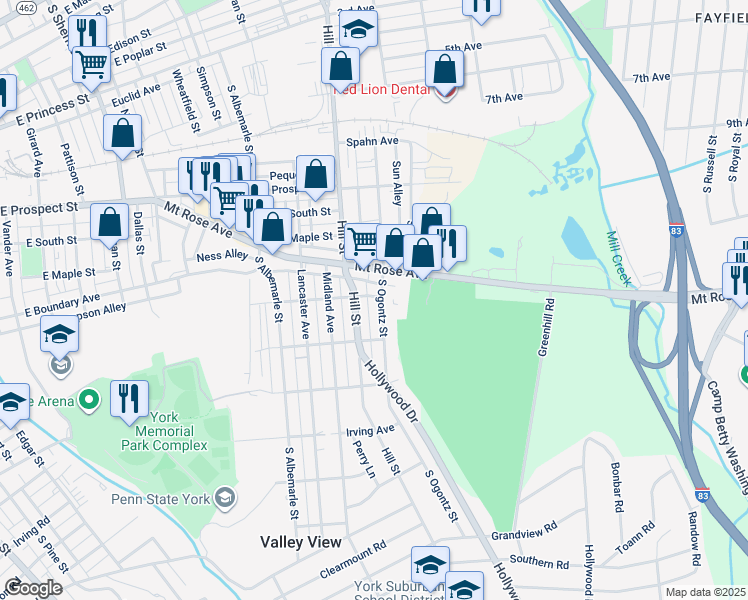 map of restaurants, bars, coffee shops, grocery stores, and more near 700 South Ogontz Street in York