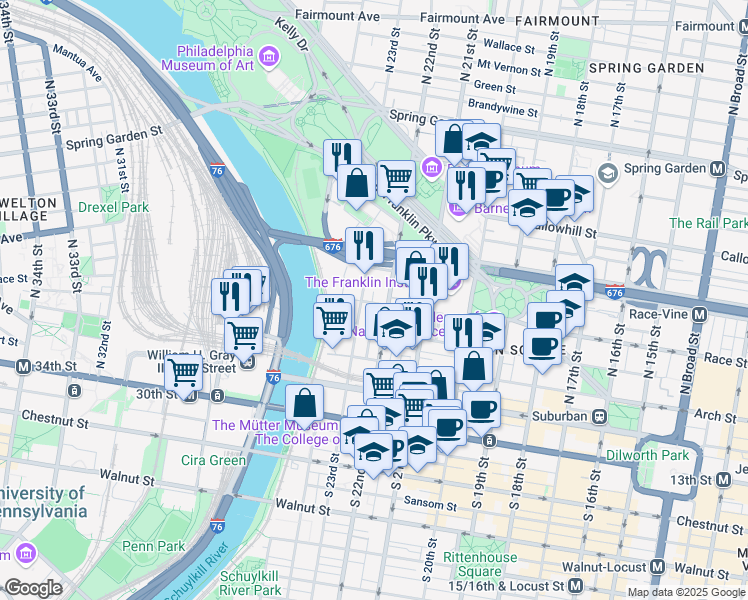 map of restaurants, bars, coffee shops, grocery stores, and more near 224 North 23rd Street in Philadelphia