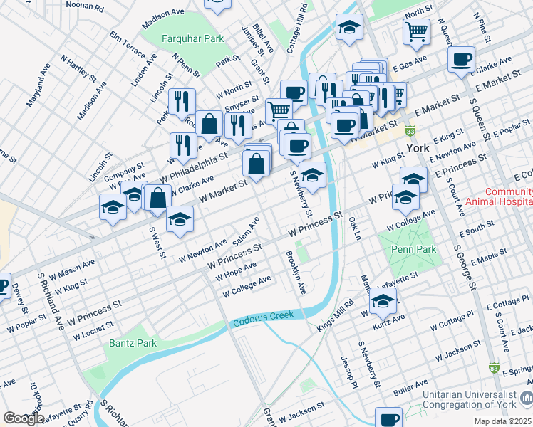 map of restaurants, bars, coffee shops, grocery stores, and more near 382 West King Street in York