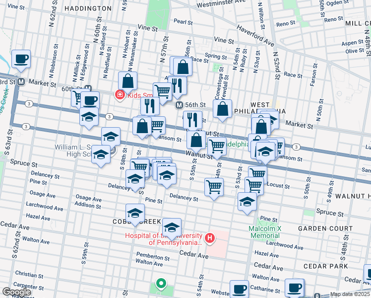 map of restaurants, bars, coffee shops, grocery stores, and more near 5523 Walnut Street in Philadelphia