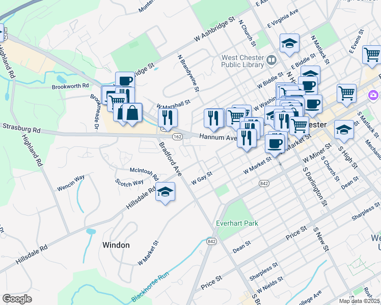 map of restaurants, bars, coffee shops, grocery stores, and more near 216 North Everhart Avenue in West Chester