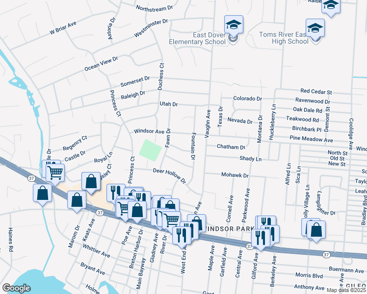 map of restaurants, bars, coffee shops, grocery stores, and more near 1468 Randolph Street in Toms River
