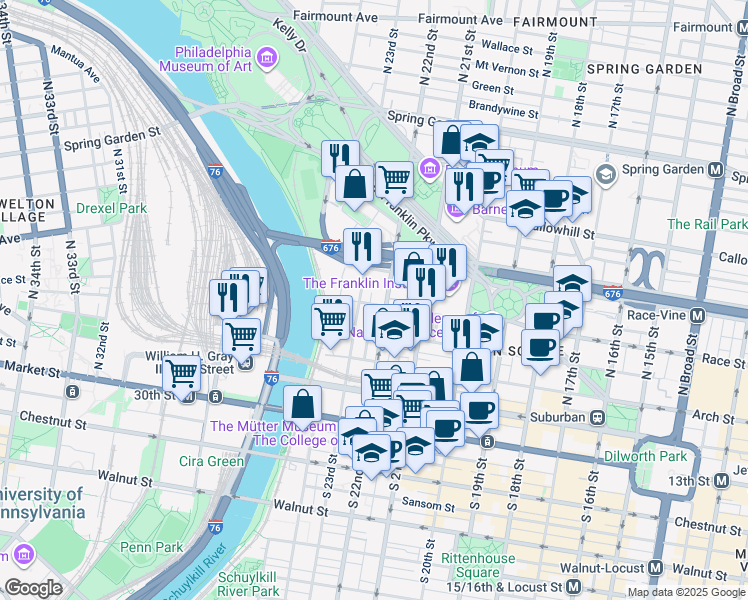 map of restaurants, bars, coffee shops, grocery stores, and more near 2211 Race Street in Philadelphia