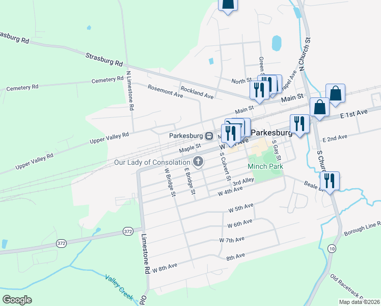 map of restaurants, bars, coffee shops, grocery stores, and more near 651 Maple Street in Parkesburg